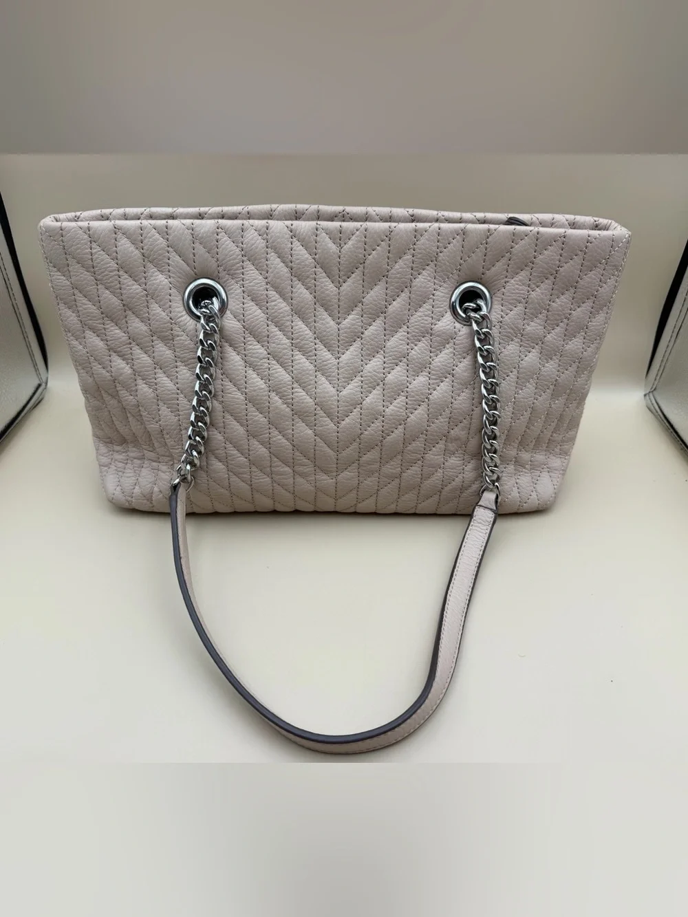 Karl Lagerfeld Paris Quilted Leather Chain Tote Bag Beige